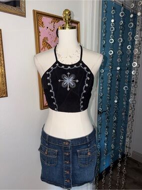 vintage Y2K Leather Black Embroidered Halter Crop Top